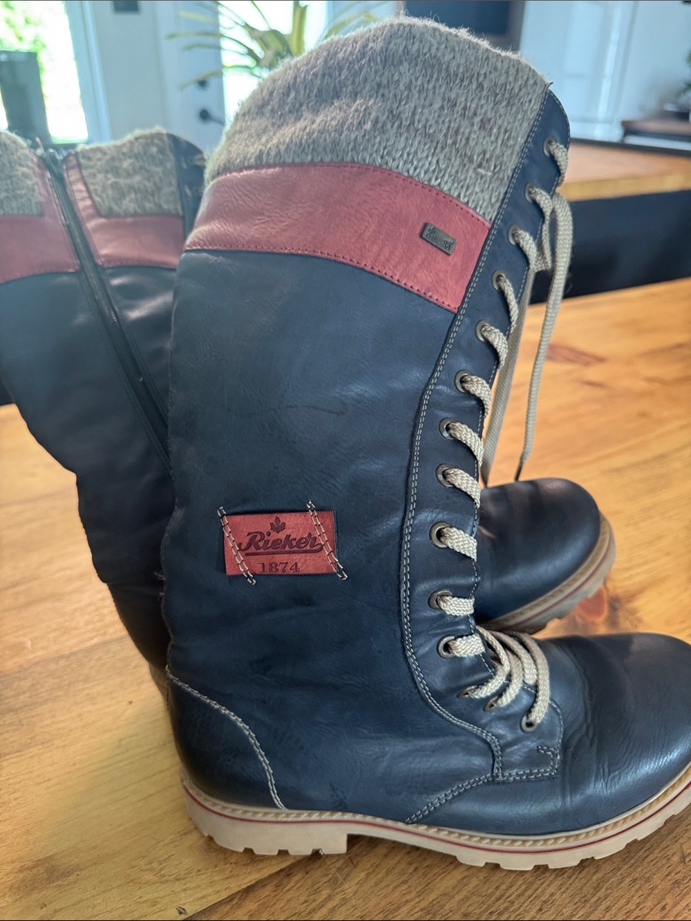 Rieker Navy Leather Lace-Up Tall Boots with Red Accent and Knit Cuff. Ladies